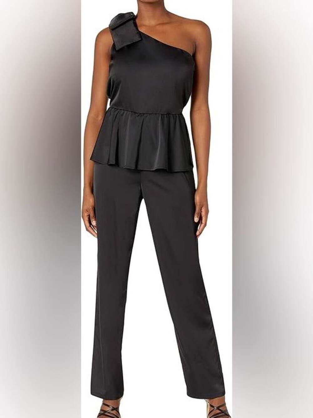 One-Shoulder Black Satin Pantsuit with Peplum